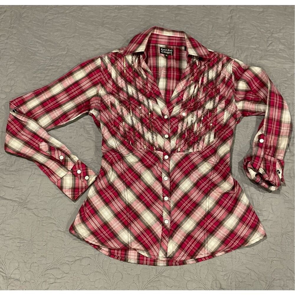 Rock & Roll Cowgirl Red Plaid Top Medium Cotton Sequins